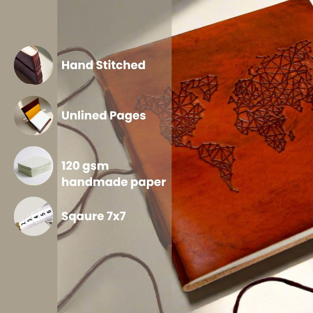 World Map 7x7 Artist Handmade Leather Journal - Che Cose Belle