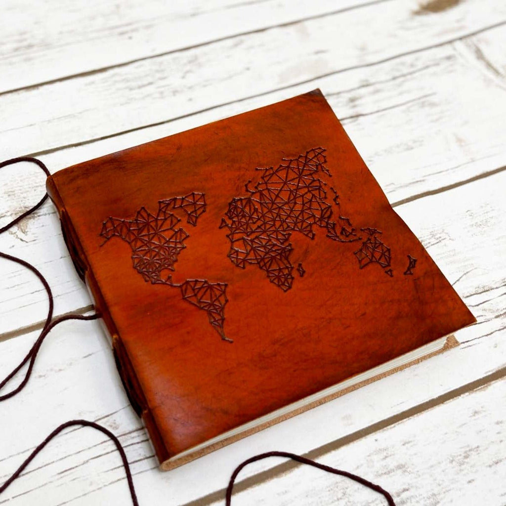World Map 7x7 Artist Handmade Leather Journal - Che Cose Belle