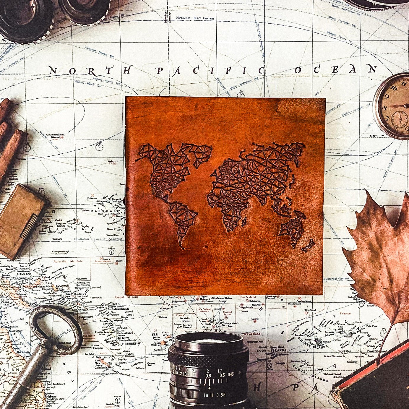World Map 7x7 Artist Handmade Leather Journal - Che Cose Belle
