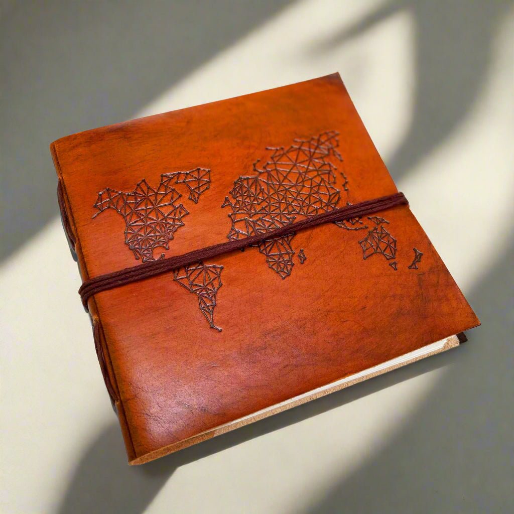 World Map 7x7 Artist Handmade Leather Journal - Che Cose Belle