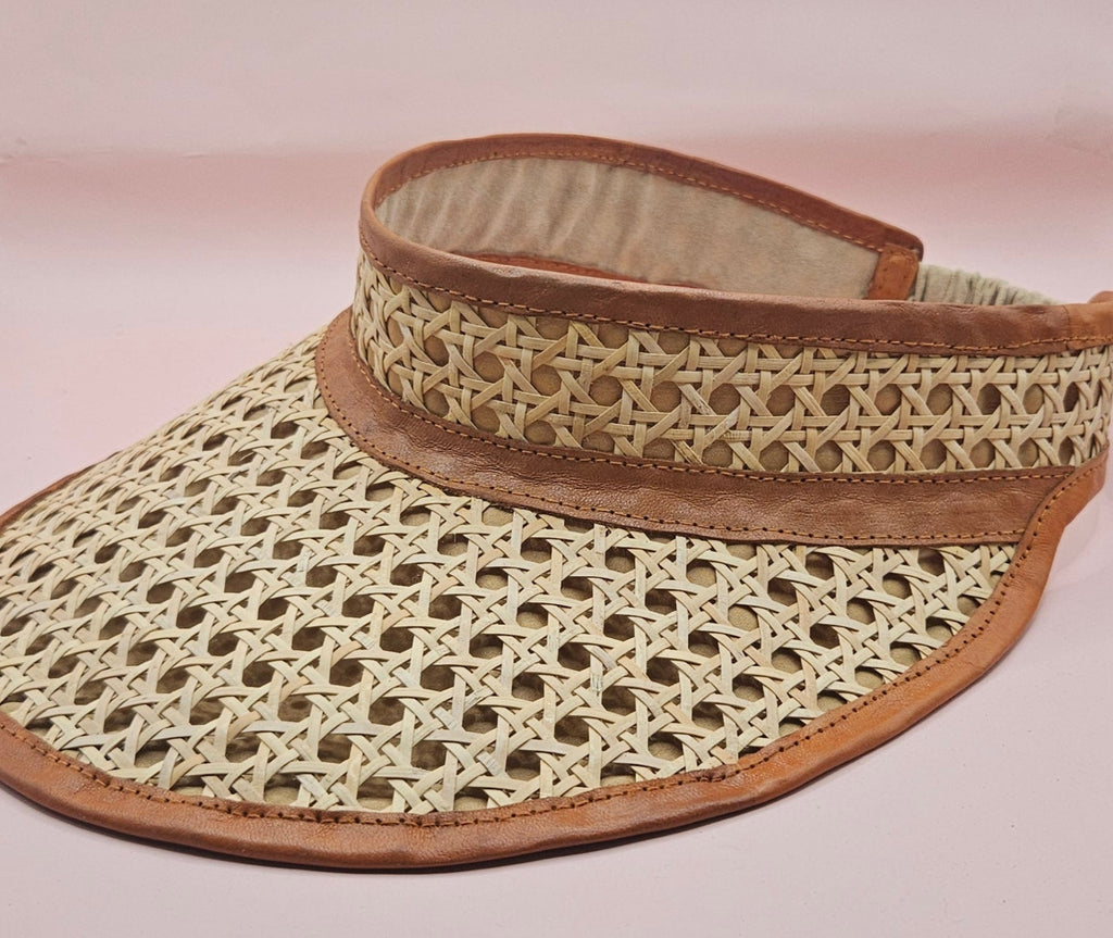 Woven Rattan Cane Visor with Leather Trim – Summer Sun Hat with Elastic Fit | 4 Color Options - Che Cose Belle