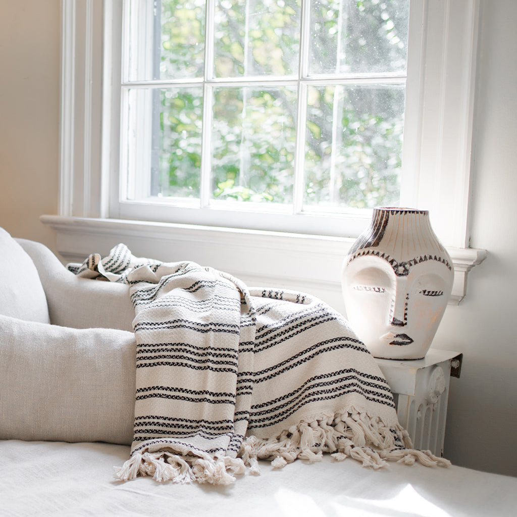 Woven Stripe Turkish Throw Cotton Fringe Lightweight