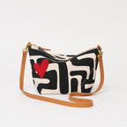 XLarge Convertible Pouch - Black Kuba with Beaded Red Heart with Short Leather Strap - Che Cose Belle