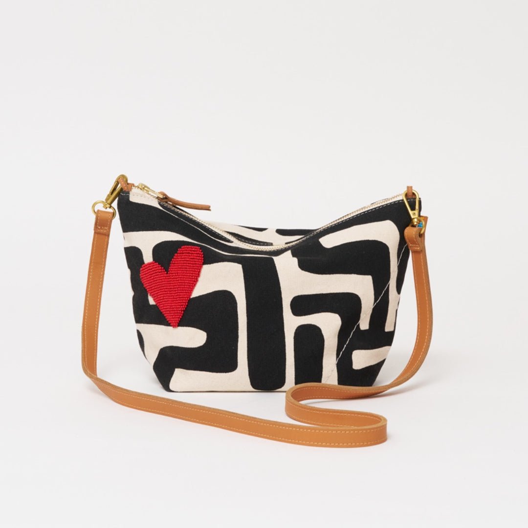 XLarge Convertible Pouch - Black Kuba with Beaded Red Heart with Short Leather Strap - Che Cose Belle
