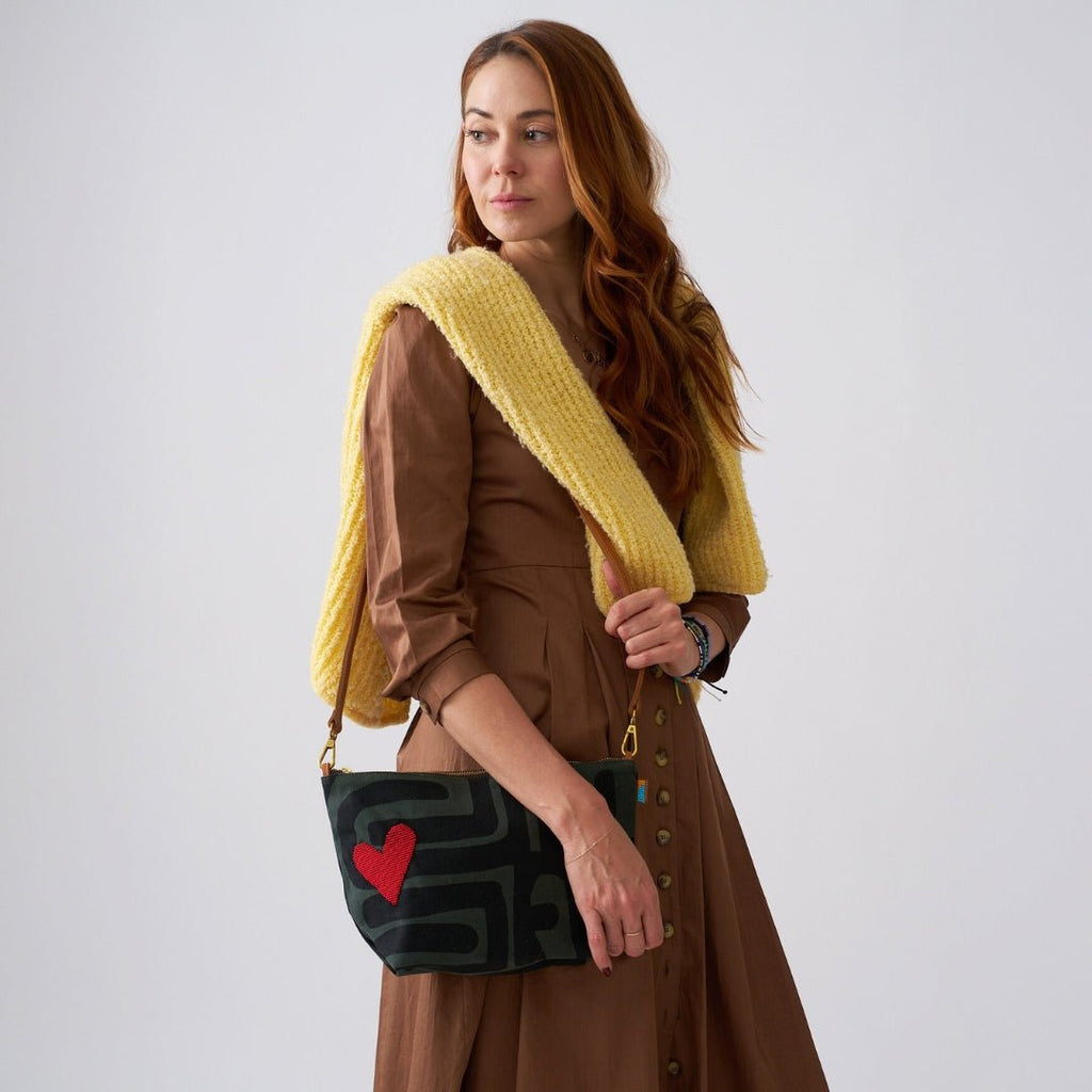 XLarge Convertible Pouch - Safari Kuba with Red Beaded Heart - Che Cose Belle