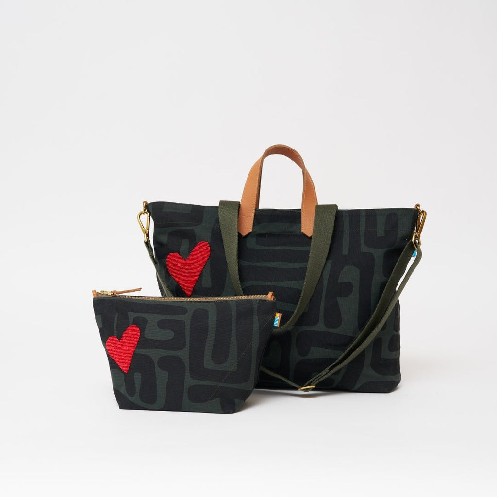 XLarge Convertible Pouch - Safari Kuba with Red Beaded Heart - Che Cose Belle