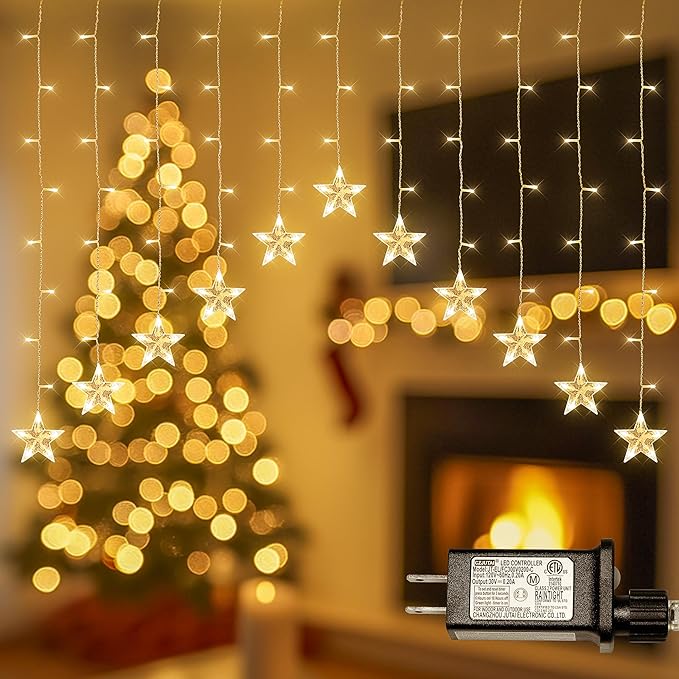 YOUNGAR Stars Icicle Lights, Stars Curtain Lights,11.5ft 118LED Hanging for Home Bedroom Ceiling, Warm White Lights Decor for Wall Indoor, Outdoor, Party, Garden Christmas - Che Cose Belle