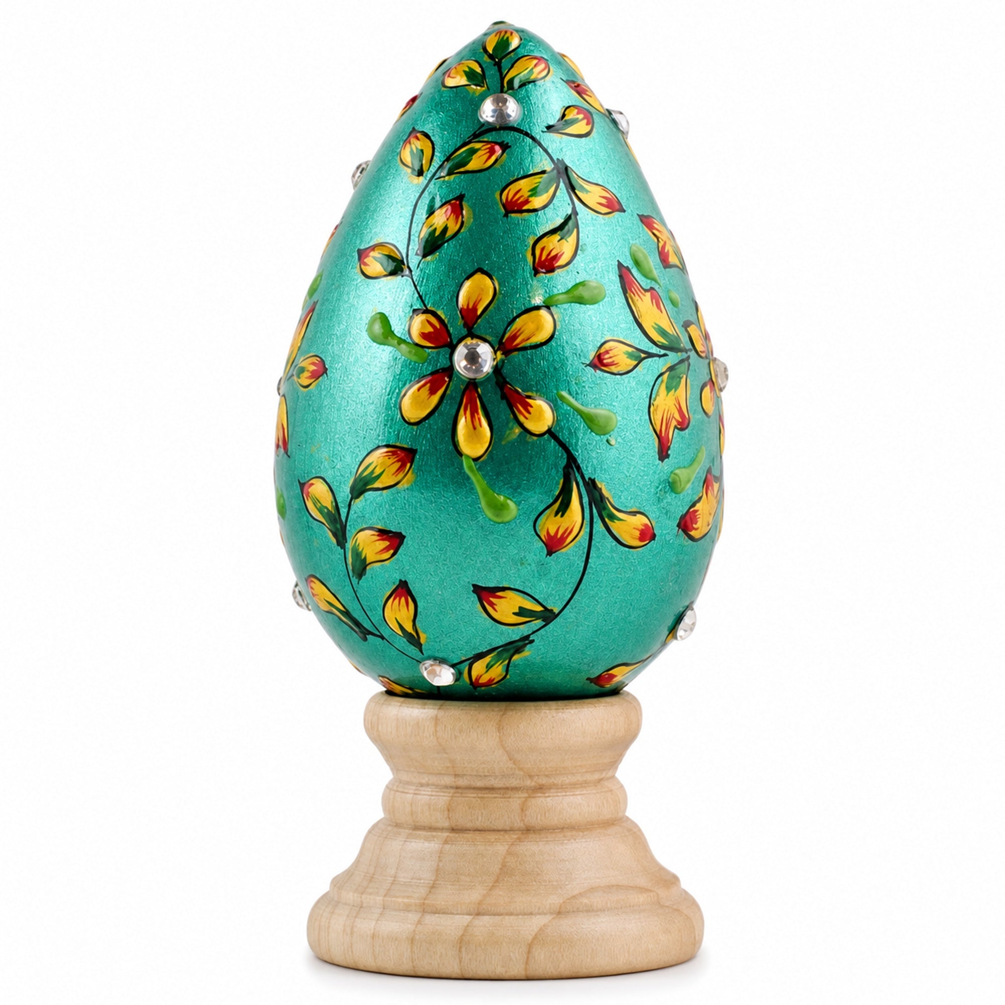 Jeweled Green Flowers Wooden Easter Egg
