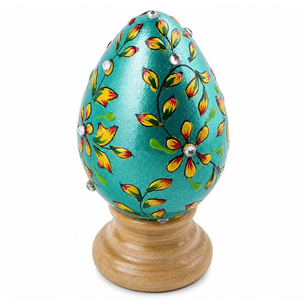 Jeweled Green Flowers Wooden Easter Egg