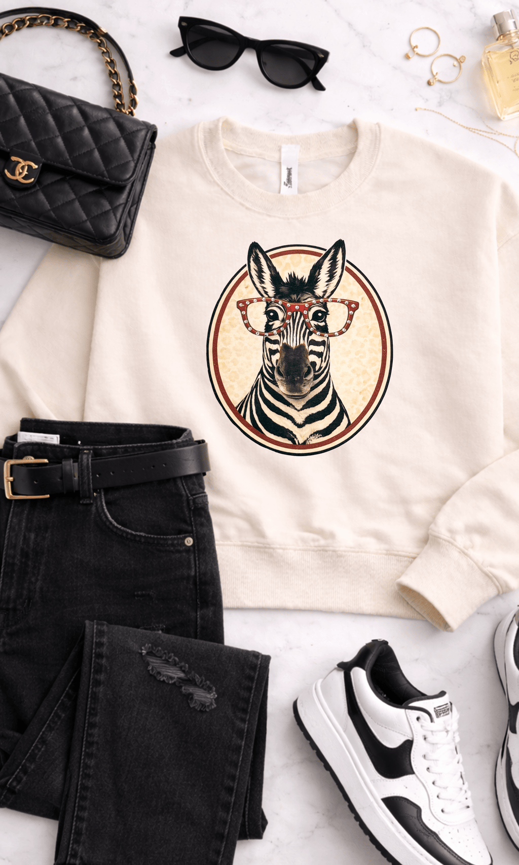 Zebra with Rhinestone Specs Graphic Sweatshirt - Che Cose Belle