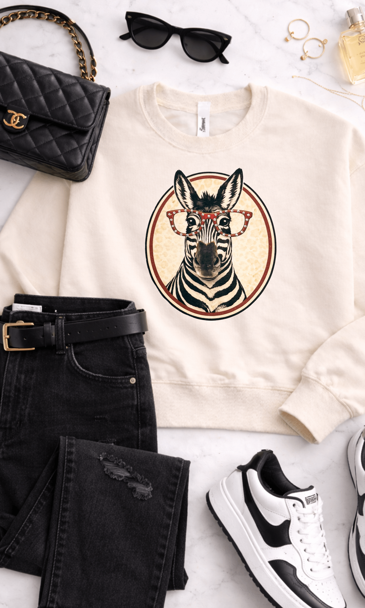 Zebra with Rhinestone Specs Graphic Sweatshirt - Che Cose Belle