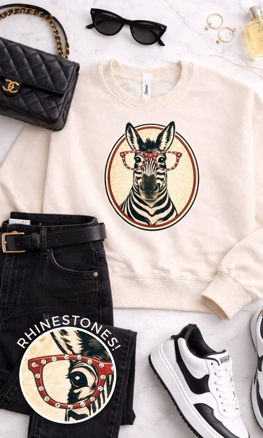 Zebra with Rhinestone Specs Graphic Sweatshirt - Che Cose Belle