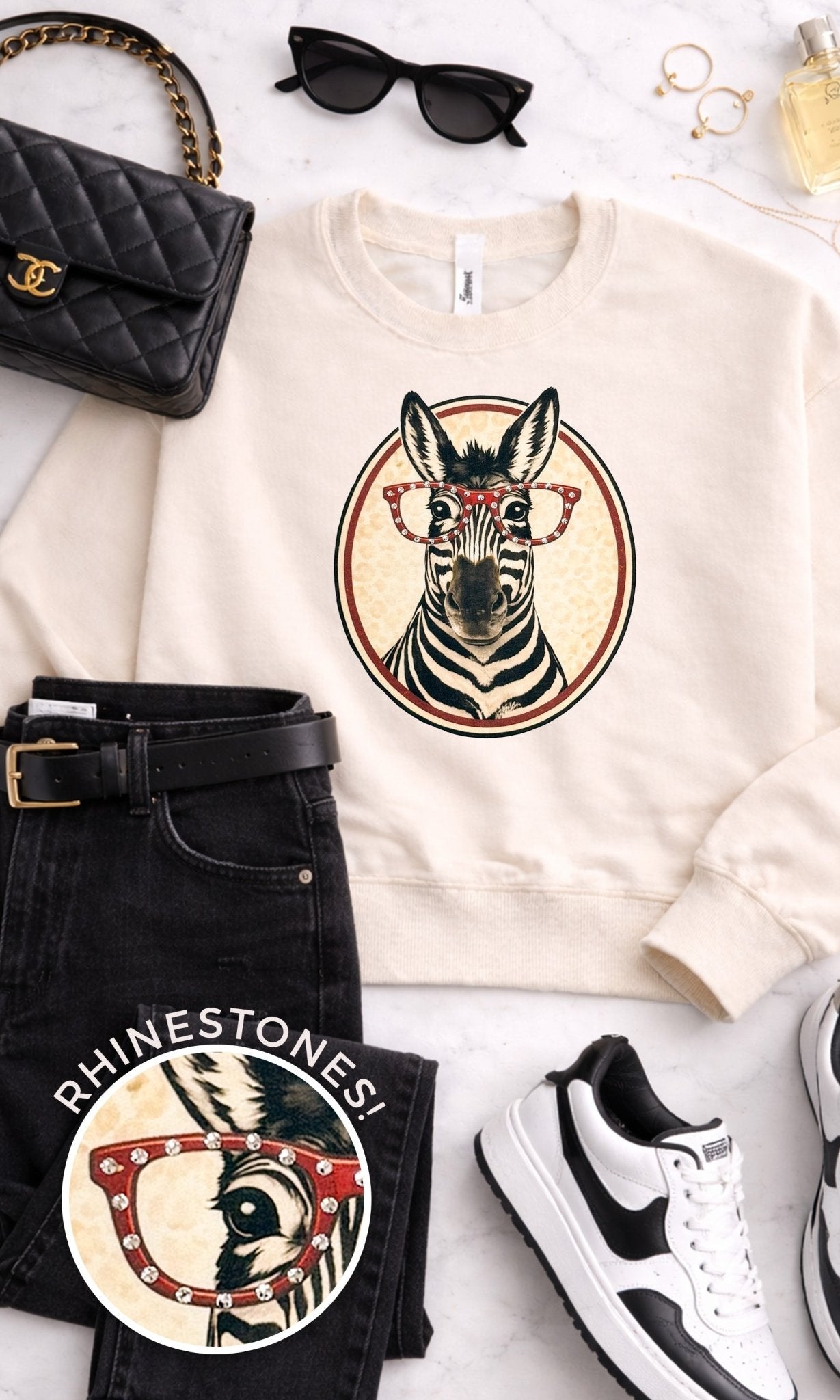 Zebra with Rhinestone Specs Graphic Sweatshirt - Che Cose Belle