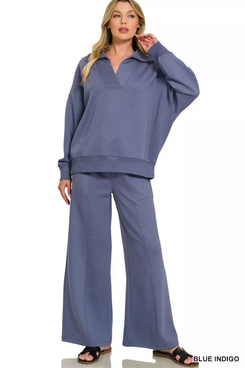 Zenana Scuba Collared Pullover & Center Seam Pants Set - Che Cose Belle