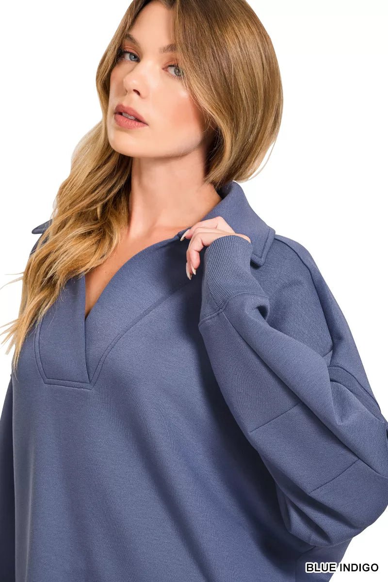 Zenana Scuba Collared Pullover & Center Seam Pants Set - Che Cose Belle
