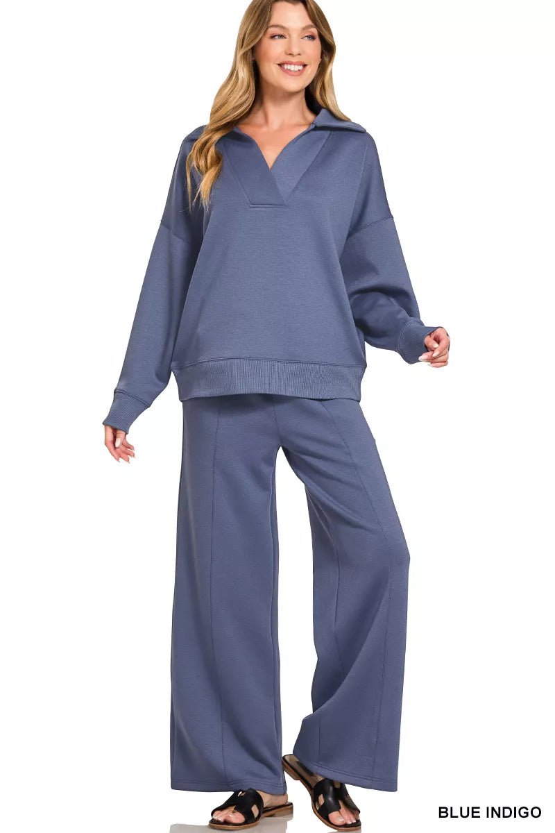 Zenana Scuba Collared Pullover & Center Seam Pants Set - Che Cose Belle